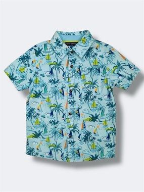 Andy & Evan Shirt Boys 4T Blue Tropical Palm Sailboat Button Down Summer Casual